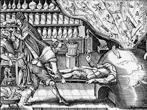 Calcination stage. "Athanor of the Mind"  -- "a curious drawing form the eighteenth century that presages the methods of modern psychotherapy using an alchemical furnace instead of a psychoanalyst." Site credit: www.alchemylab.com/directory