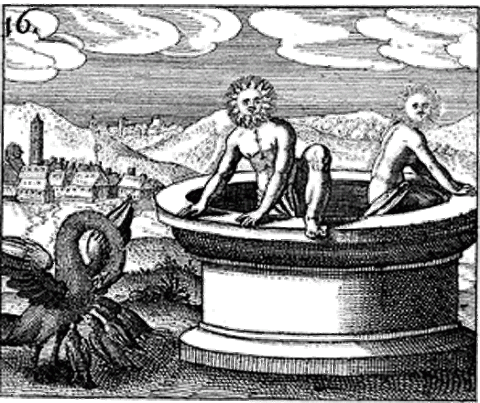 Sacrifice of the Pelican shows Soul and Spirit being purified in Water during the Distillation operation, alchemy, site credit www.alchemylab.com