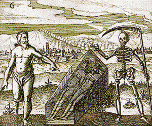 fermentation, alchemy: Putrefaction of Two Different Things shows Saturn and Death looking on as the decomposition of the Soul and Spirit begins. Site credit: www.alchemylab.com