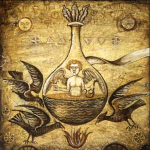nigredo stage, blackening, alchemist in flask by Karena A. Karras