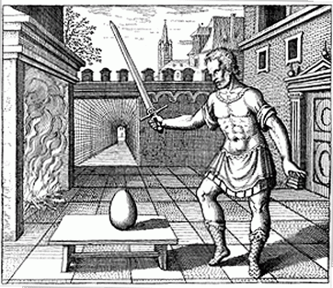 Splitting the Egg of Being shows the spiritual warrior about to slice through the hermetically sealed egg of his own being during the Separation operation. (Splendor Solis 1500s), site credit: www.alchemylab.com