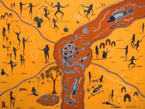 by: Peter Muraay Djeripi Mulcahy, Wayamba_the_Turtle, site credit: http://www.aboriginalaustralianart.com/dreamtime_art.php